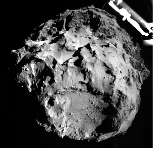 The image shows comet 67P/CG acquired by the ROLIS instrument on the Philae lander during descent on Nov 12, 2014 14:38:41 UT from a distance of approximately 3 km from the surface. The landing site is imaged with a resolution of about 3m per pixel.